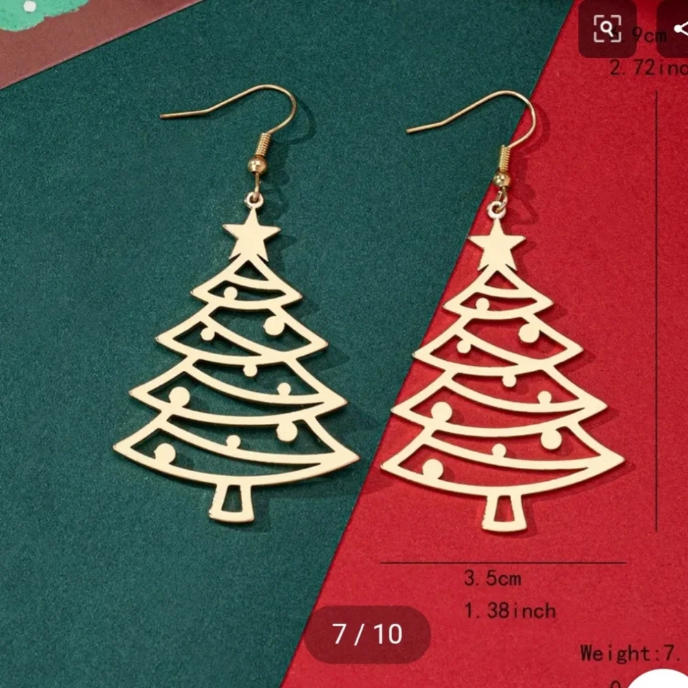 Gold Christmas Tree Earrings Holiday Festive - Picture 6 of 14